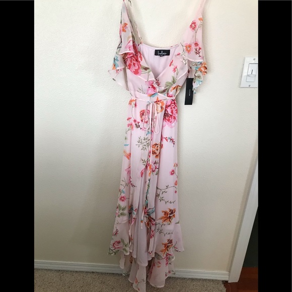 Lulus Ella blush pink floral high low midi off shoulder dress ruffle yellow blue - Picture 7 of 7